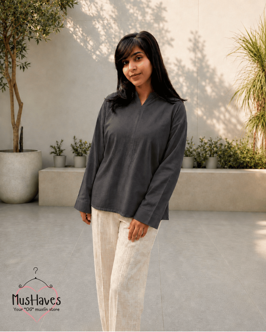 Muslin Longline Formal Tunic Top & Trouser Set – Grey × Beige