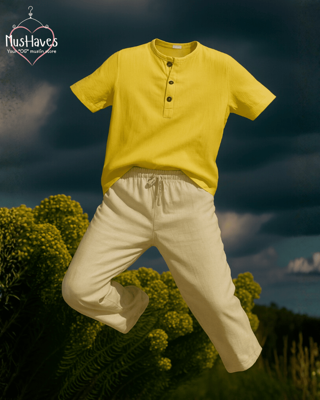 Premium Muslin Combo set | Teeshirt + Bottoms | Yellow + Beige