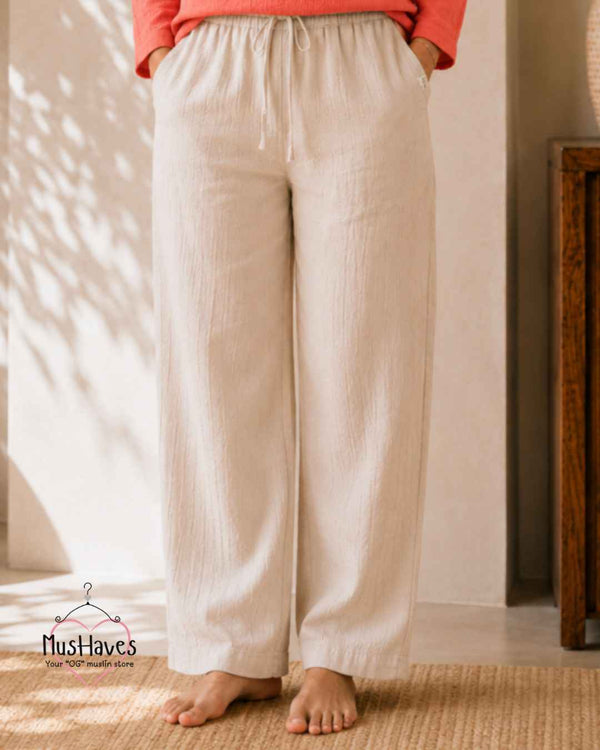 Breezy Muslin Relaxed Bottoms – Beige