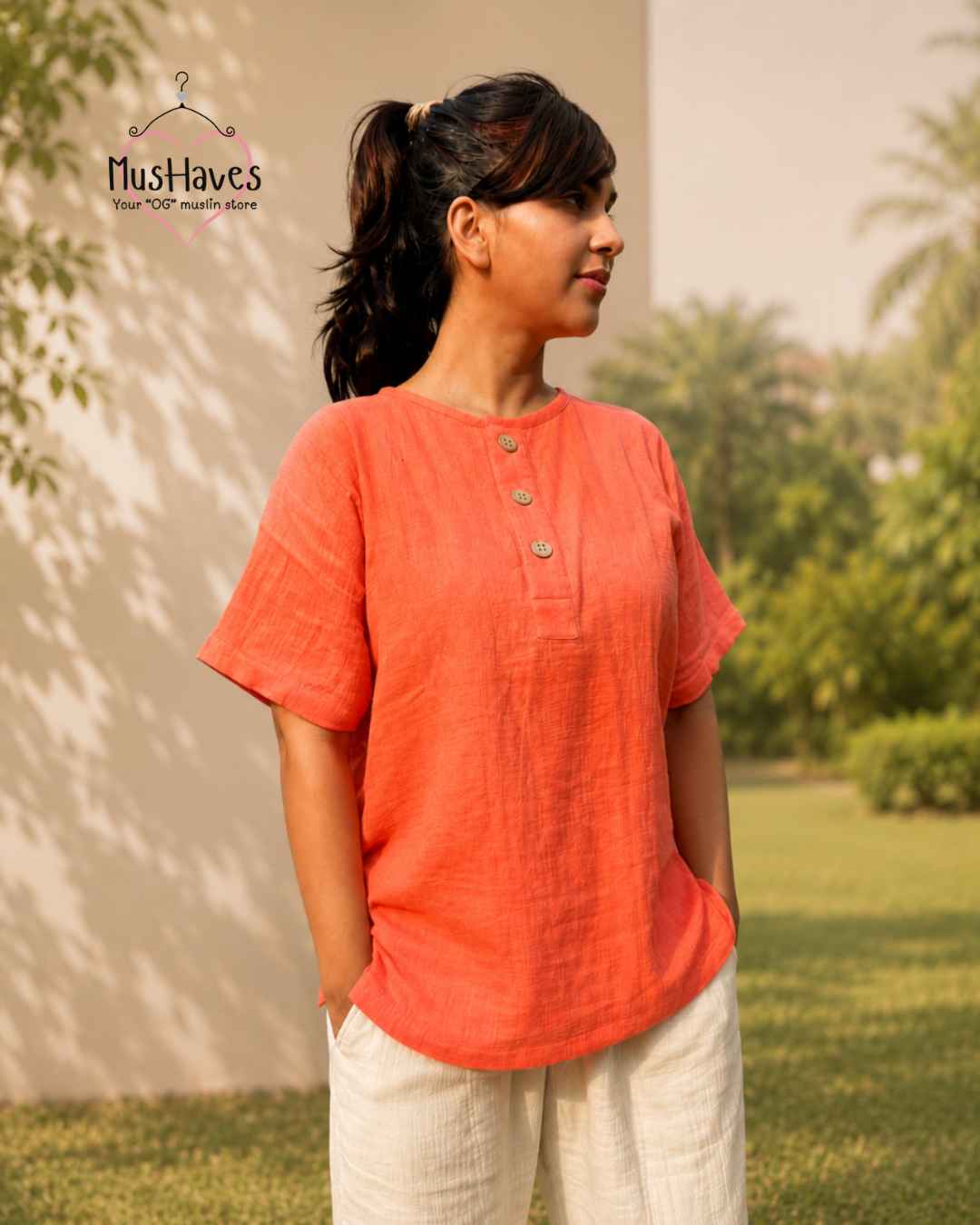 Muslin Henley & Regular Fit Bottoms Curated Set – Melon Pulp + Beige