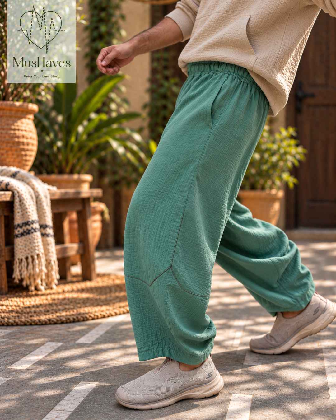 Muslin Happy Hoppers - Relaxed Fit Double Gauze Muslin Pants | Dusty Jade