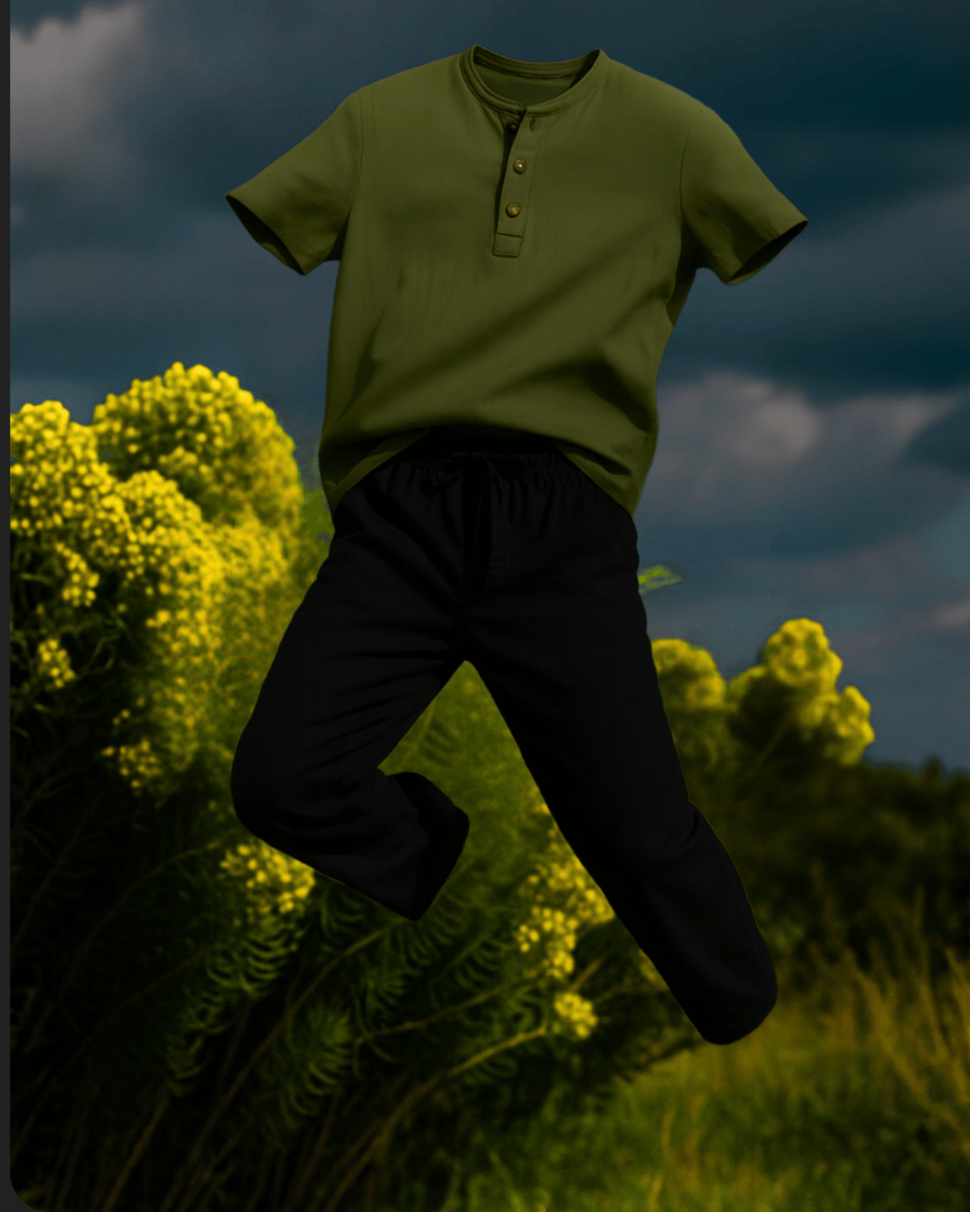 Muslin Henley & Regular Fit Bottoms Curated Set – Green × Black