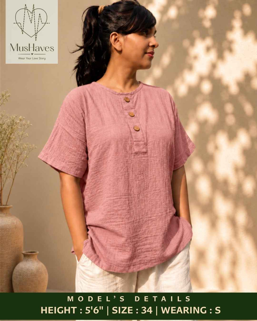 Classic Muslin Henley – Dust Rose
