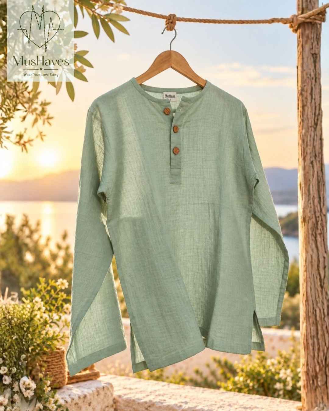 Classic Muslin Henley – Sage Grey
