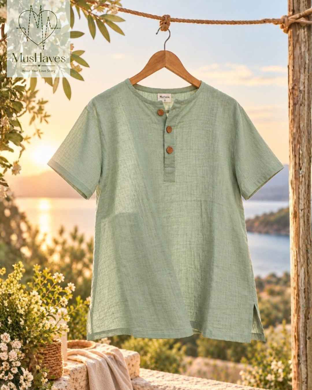 Classic Muslin Henley – Sage Grey