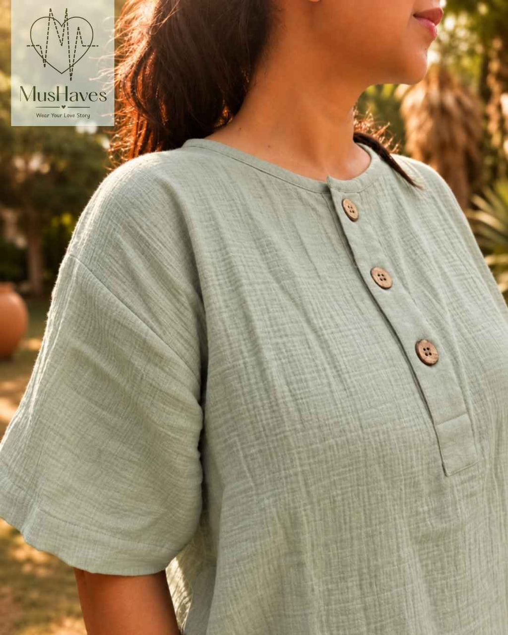 Classic Muslin Henley – Sage Grey