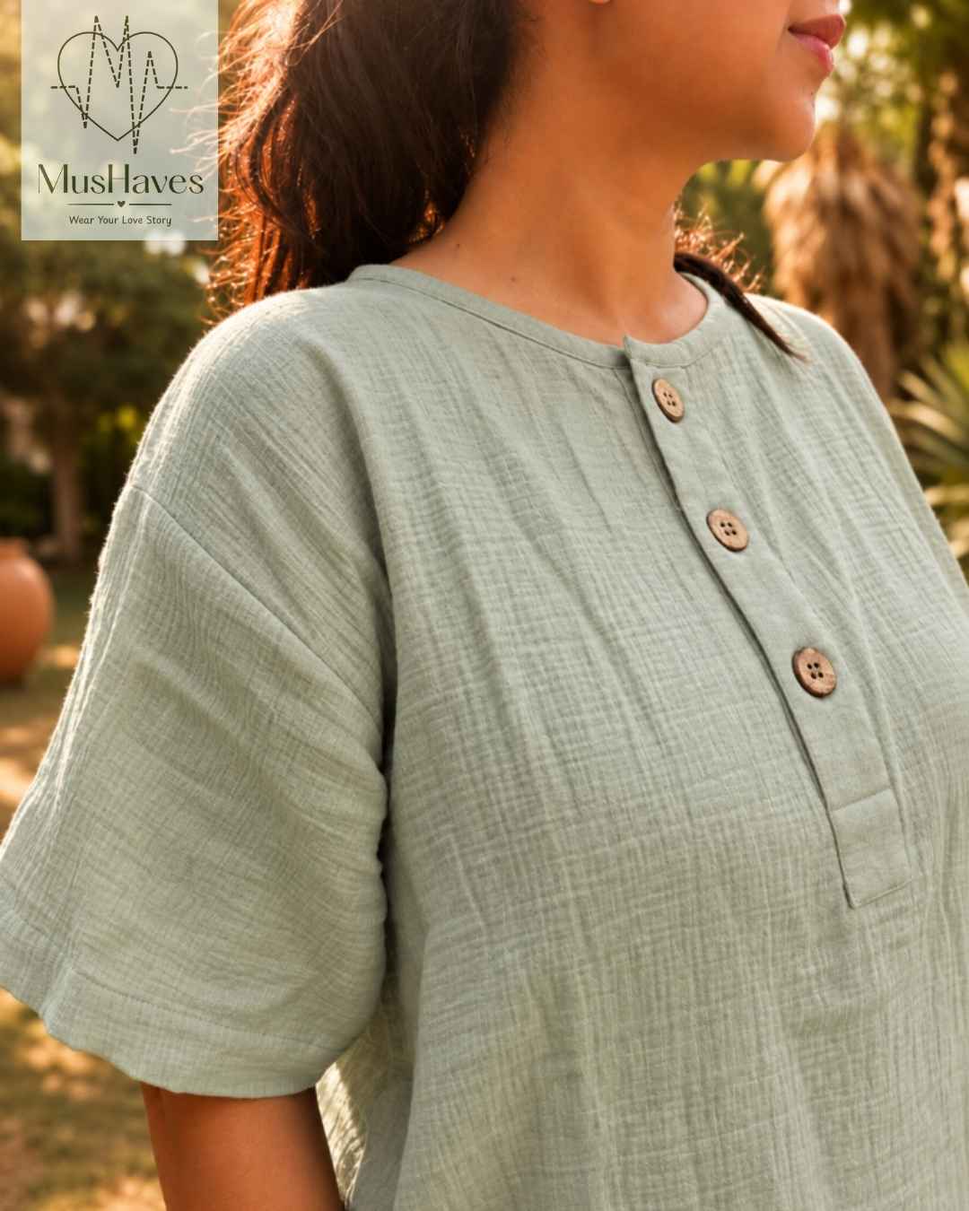 Classic Muslin Henley – Sage Grey