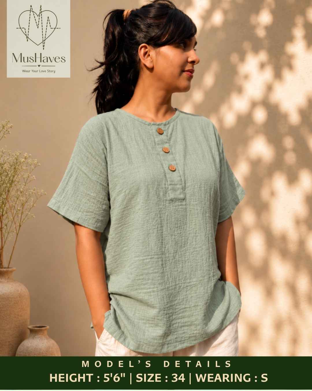 Classic Muslin Henley – Sage Grey