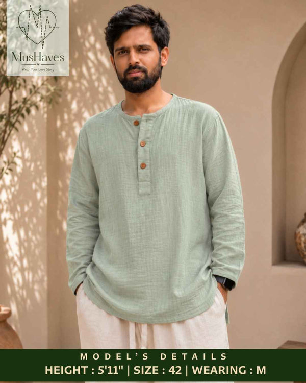 Classic Muslin Henley – Sage Grey
