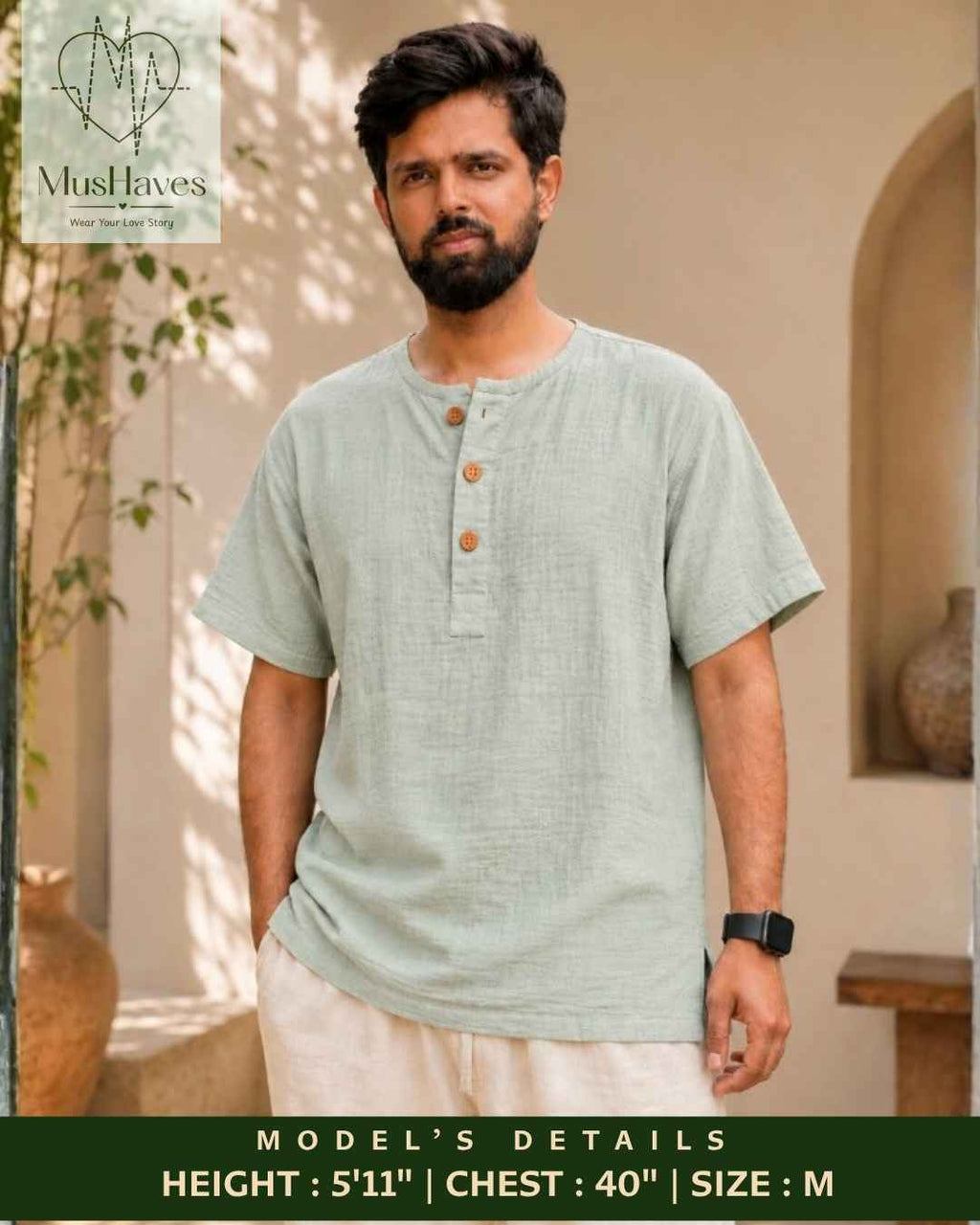 Classic Muslin Henley – Sage Grey