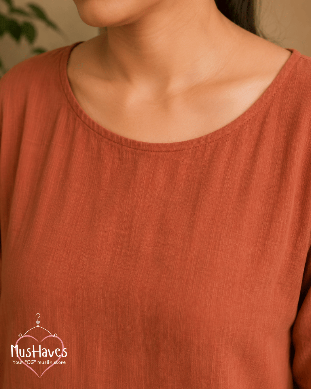 Luxury Muslin A-Line Long Kurta & Straight Pants Coord – Rust Terracotta