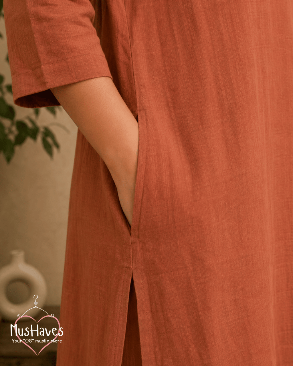 Luxury Muslin A-Line Long Kurta & Straight Pants Coord – Rust Terracotta