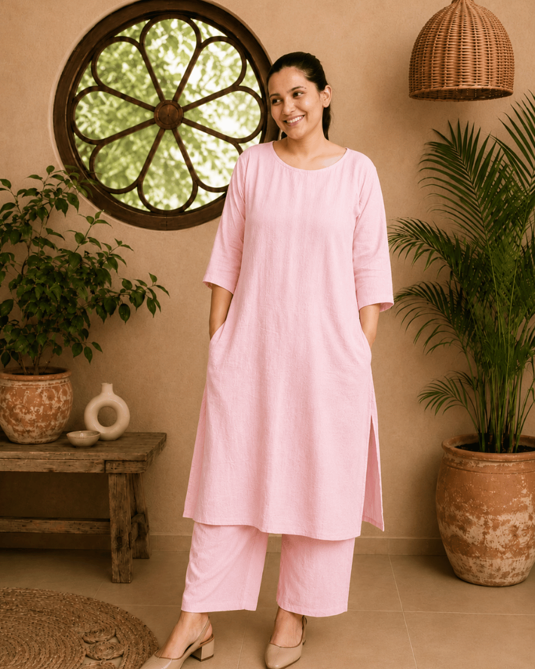 Luxury Muslin A-Line Long Kurta & Straight Pants Coord – Baby Pink