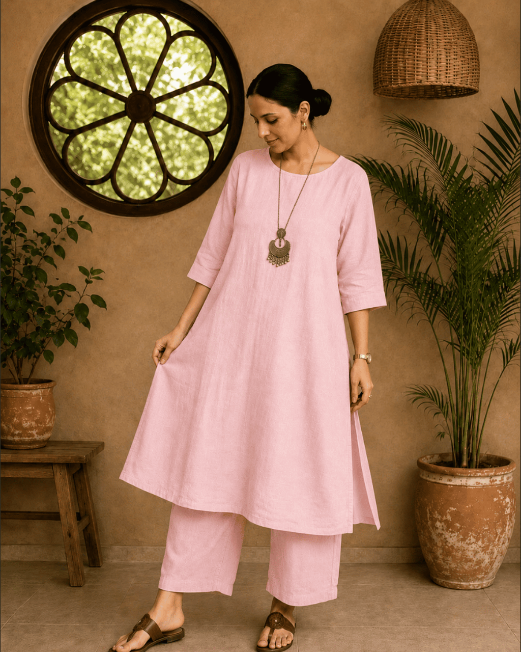 Luxury Muslin A-Line Long Kurta & Straight Pants Coord – Baby Pink