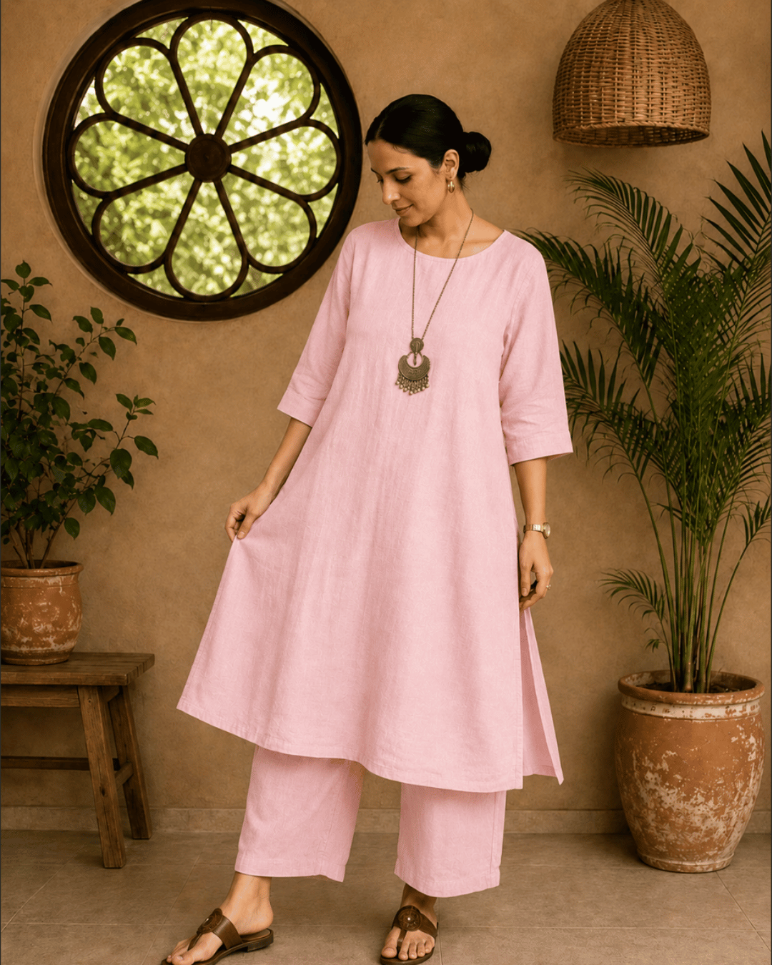 Luxury Muslin A-Line Long Kurta & Straight Pants Coord – Baby Pink
