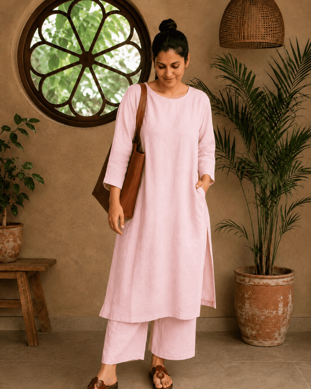 Luxury Muslin A-Line Long Kurta & Straight Pants Coord – Baby Pink
