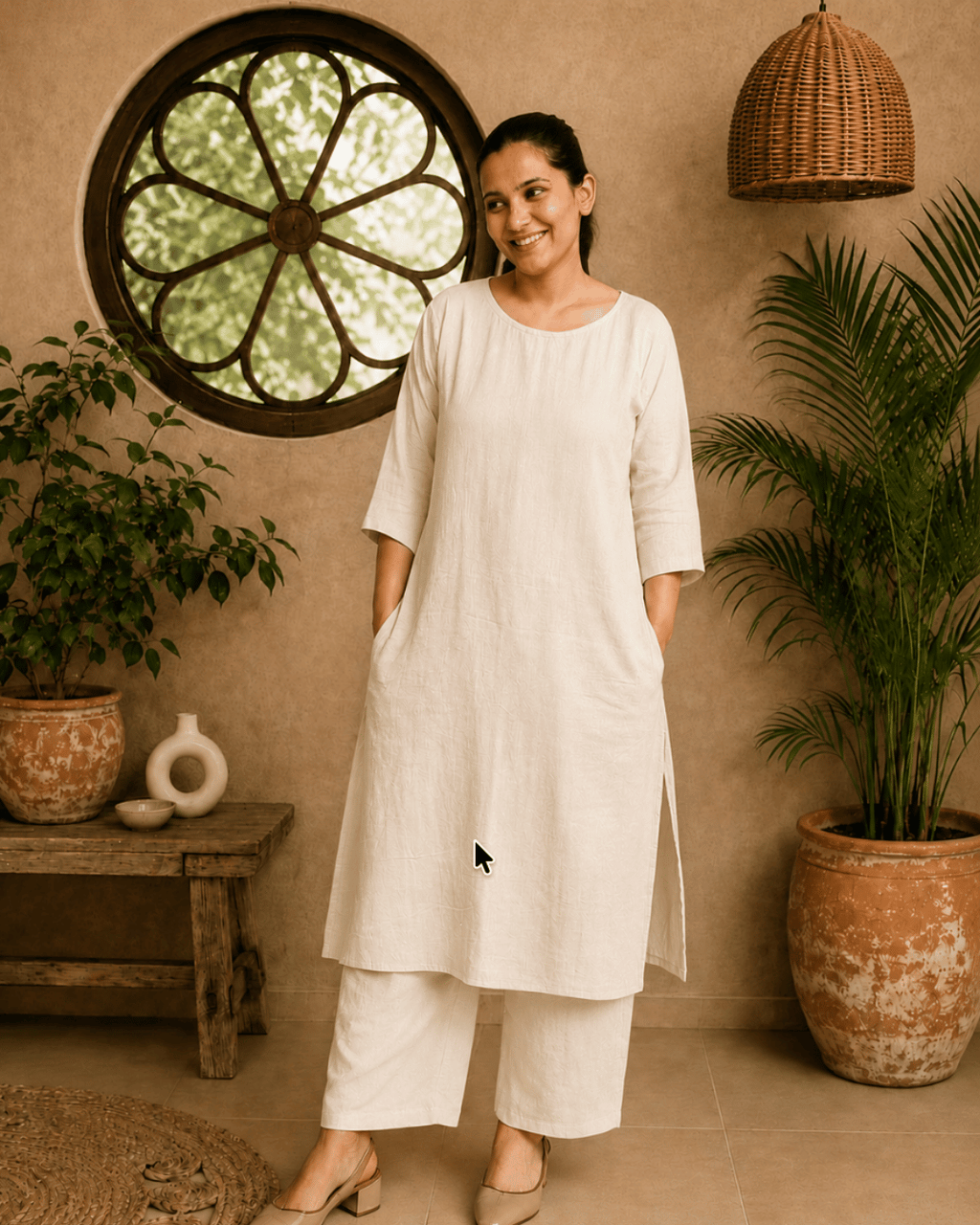 Luxury Muslin A-Line Long Kurta & Straight Pants Coord – Cream Beige