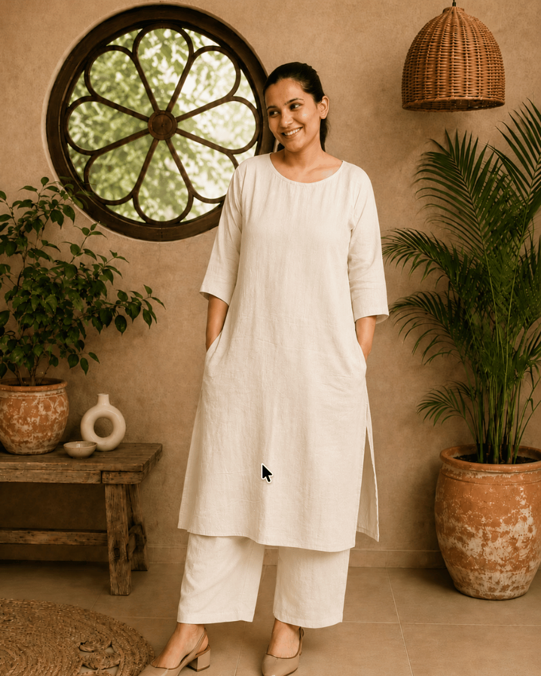 Luxury Muslin A-Line Long Kurta & Straight Pants Coord – Cream Beige