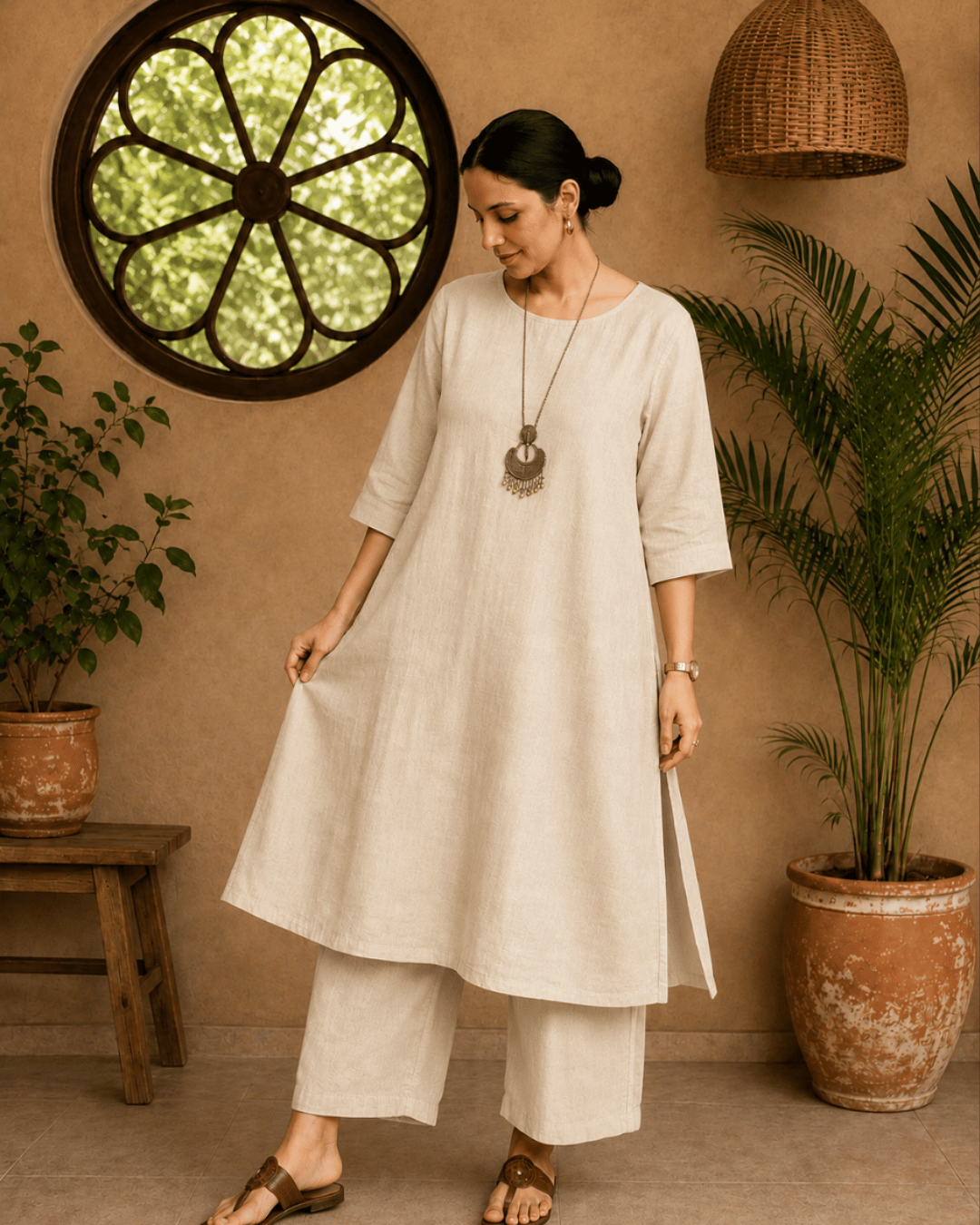 Luxury Muslin A-Line Long Kurta & Straight Pants Coord – Cream Beige