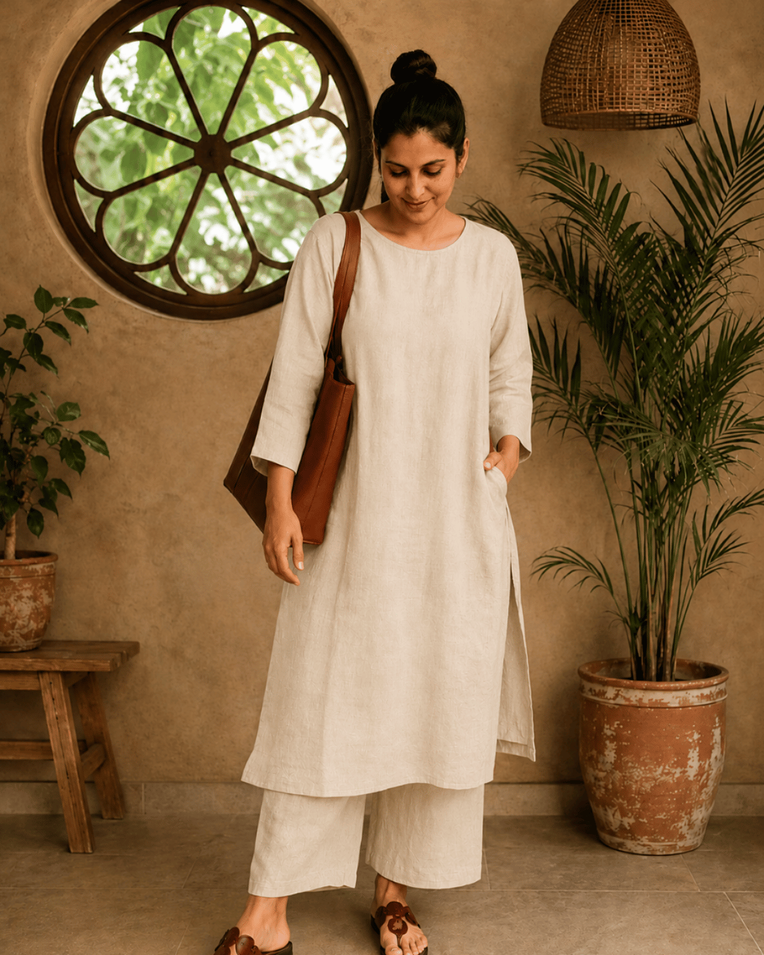 Luxury Muslin A-Line Long Kurta & Straight Pants Coord – Cream Beige