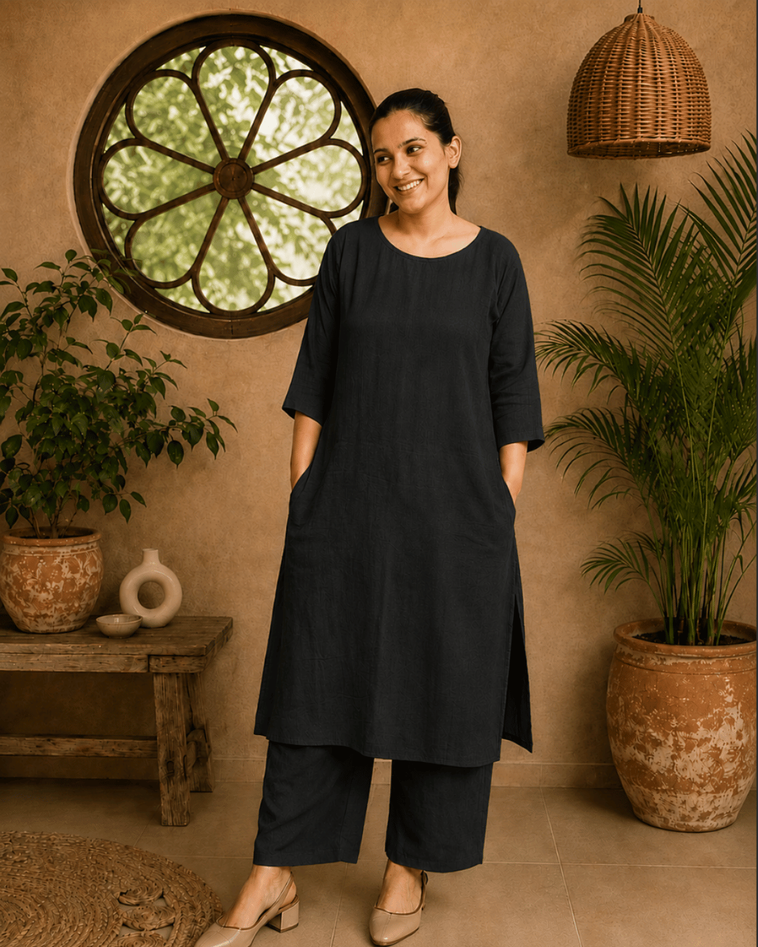 Luxury Muslin A-Line Long Kurta & Straight Pants Coord – Charcoal Black