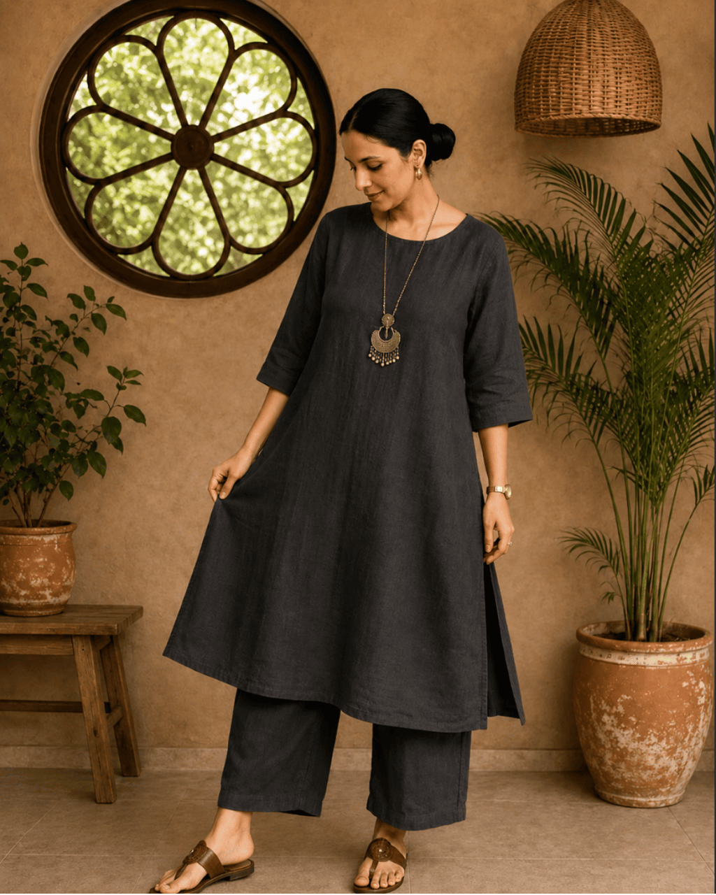 Luxury Muslin A-Line Long Kurta & Straight Pants Coord – Charcoal Black