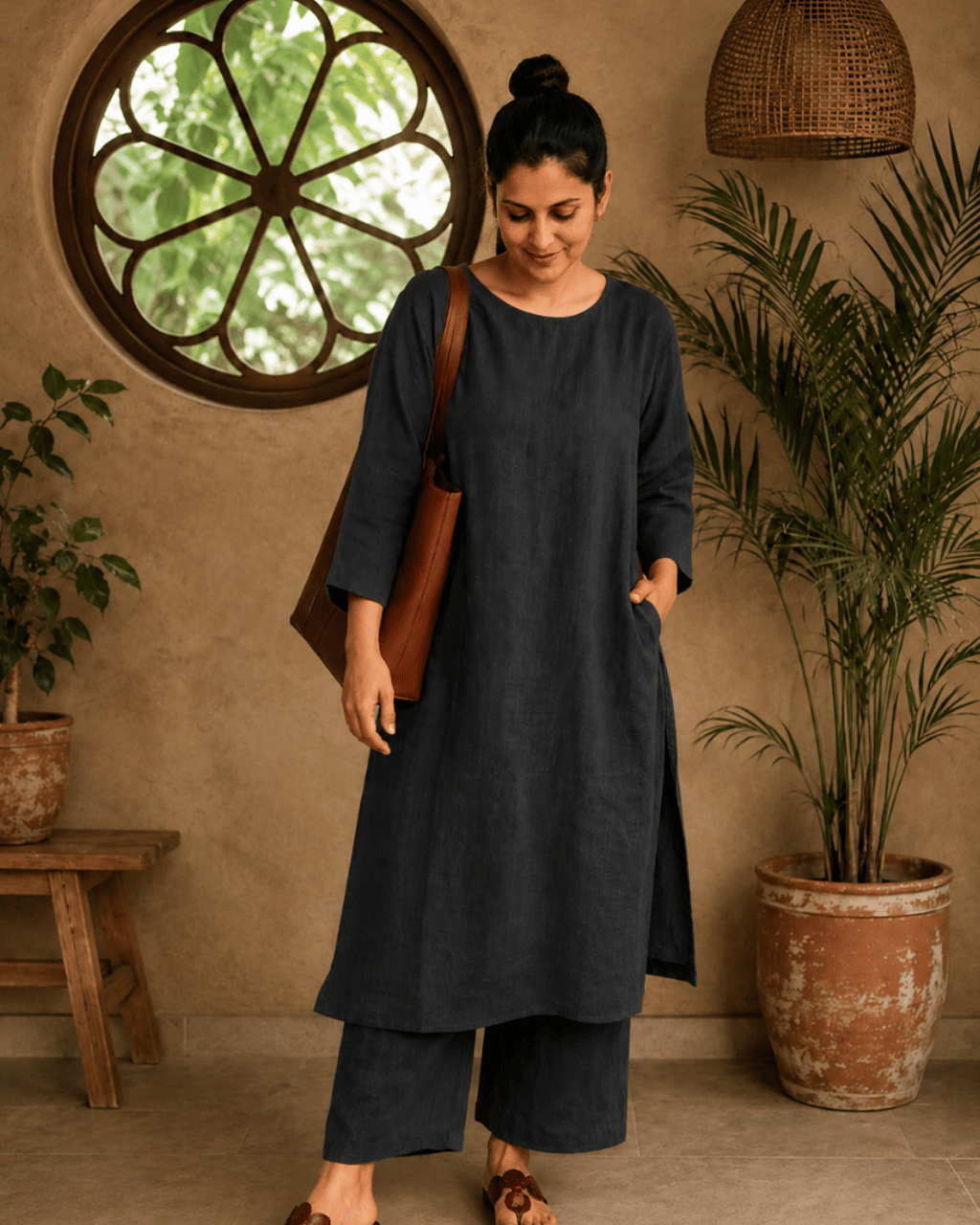 Luxury Muslin A-Line Long Kurta & Straight Pants Coord – Charcoal Black