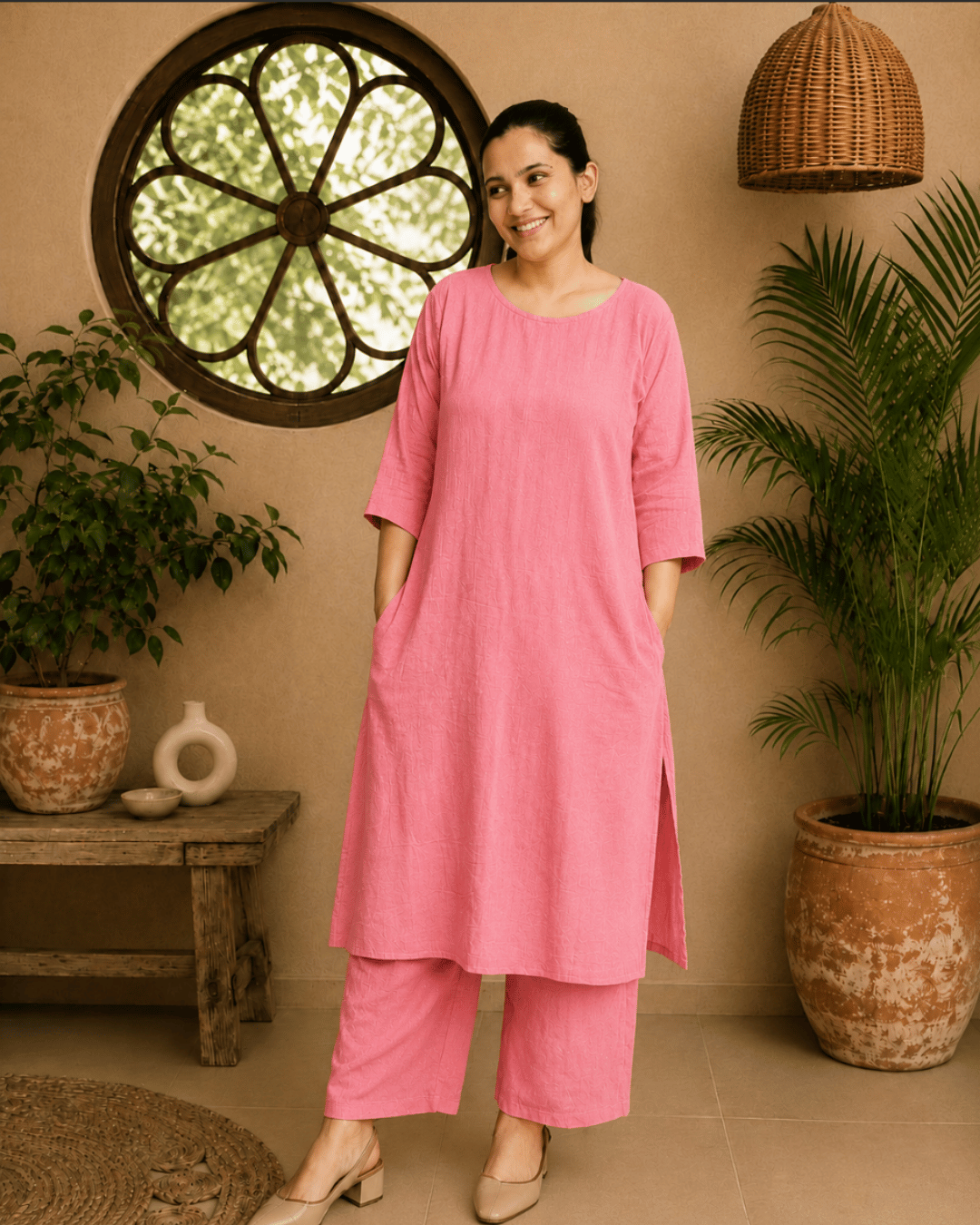 Luxury Muslin A-Line Long Kurta & Straight Pants Coord – Deep Pink