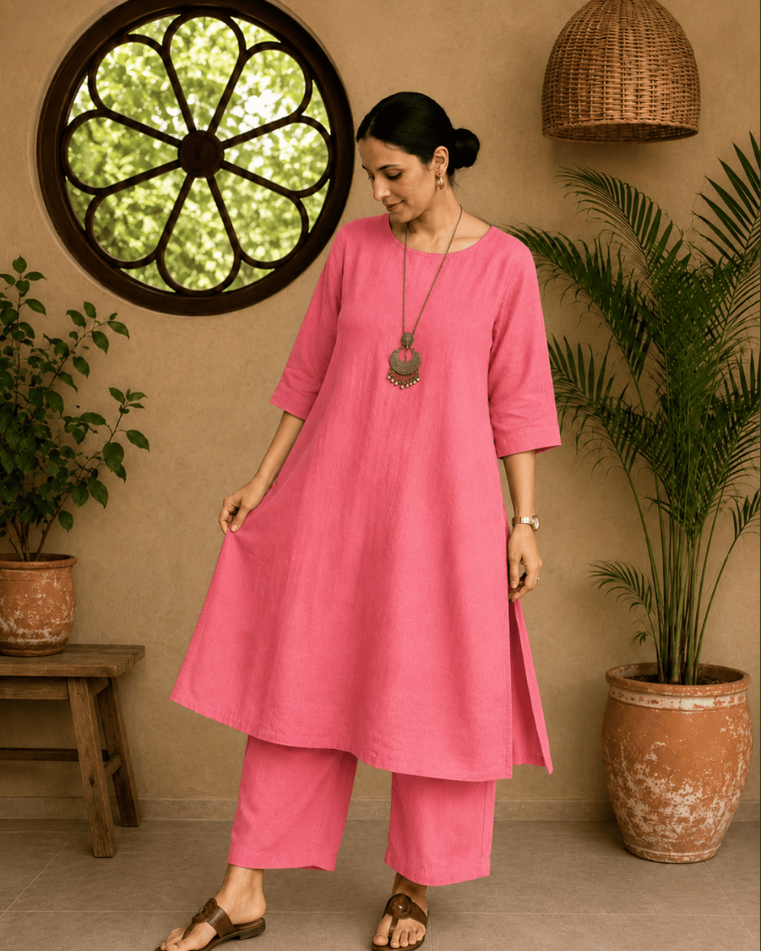 Luxury Muslin A-Line Long Kurta & Straight Pants Coord – Deep Pink