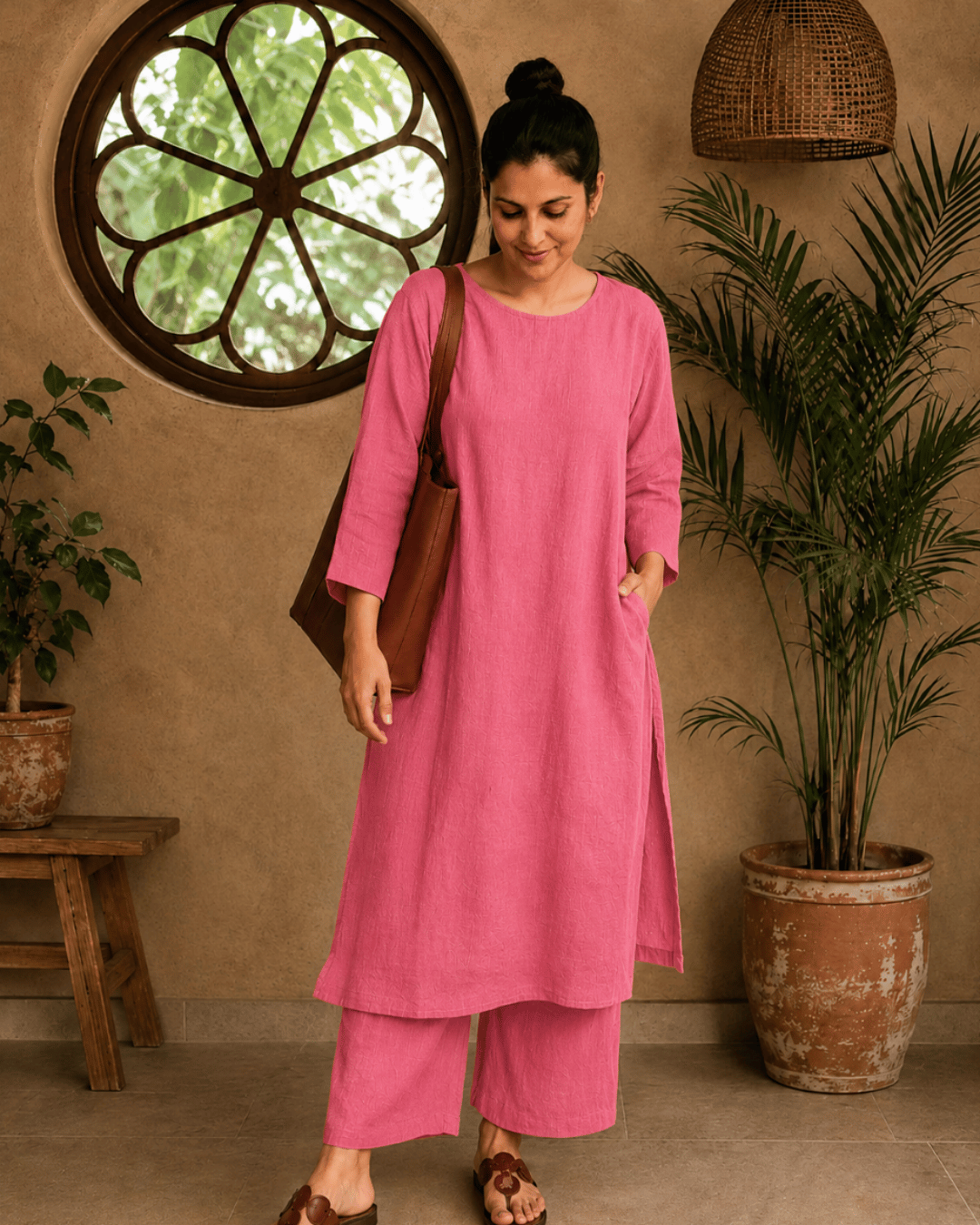 Luxury Muslin A-Line Long Kurta & Straight Pants Coord – Deep Pink