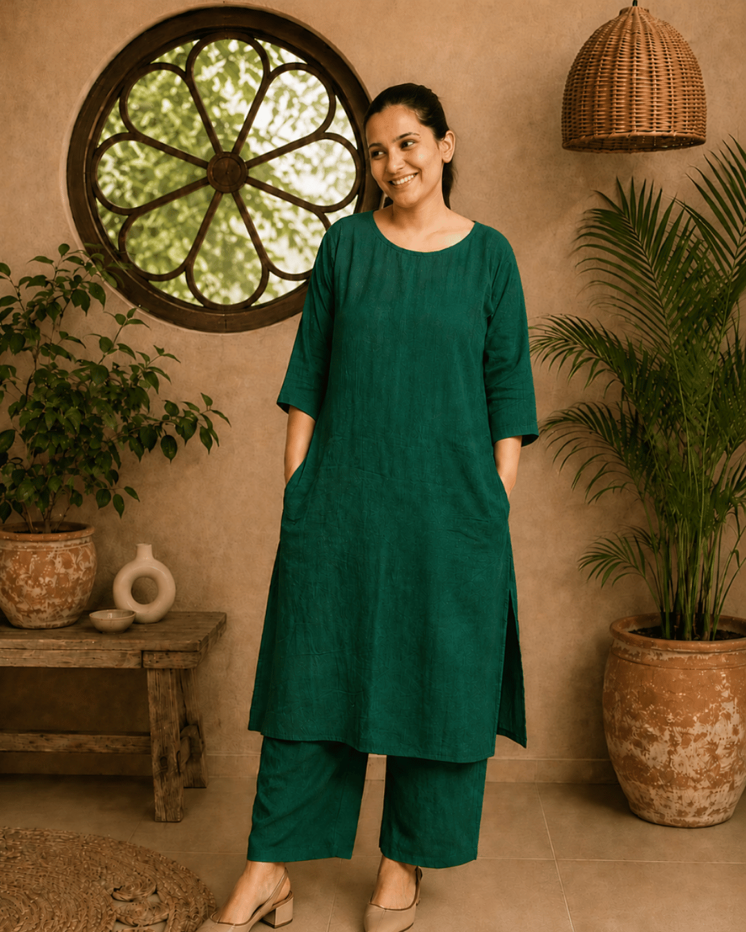 Luxury Muslin A-Line Long Kurta & Straight Pants Coord – Forest Green