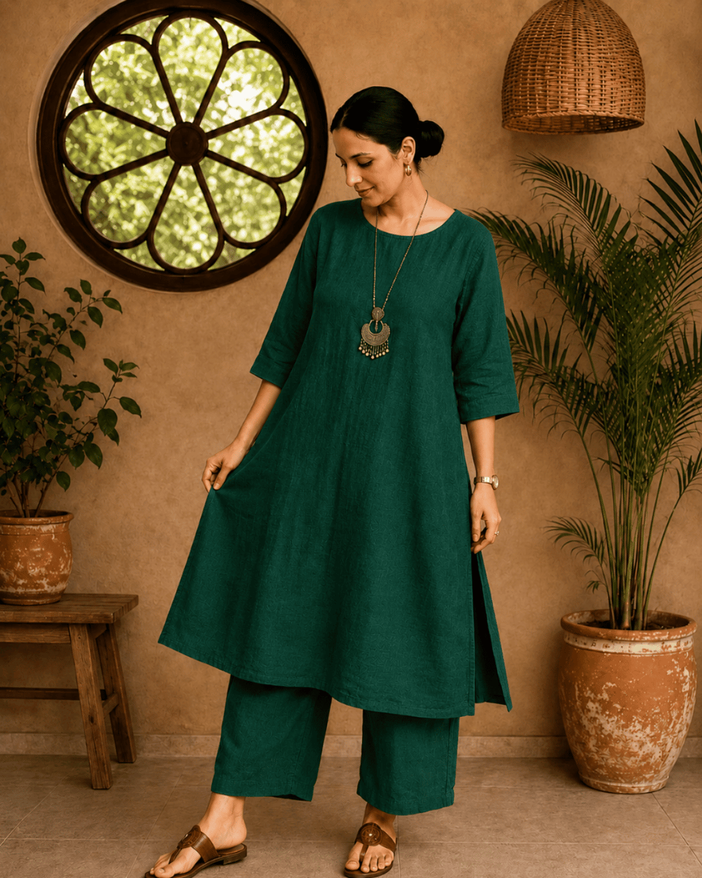 Luxury Muslin A-Line Long Kurta & Straight Pants Coord – Forest Green