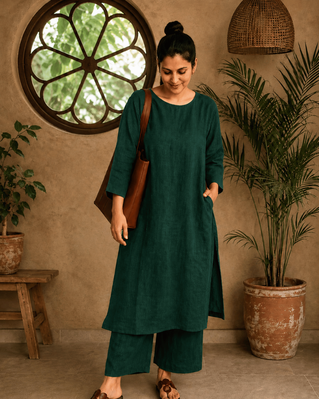 Luxury Muslin A-Line Long Kurta & Straight Pants Coord – Forest Green