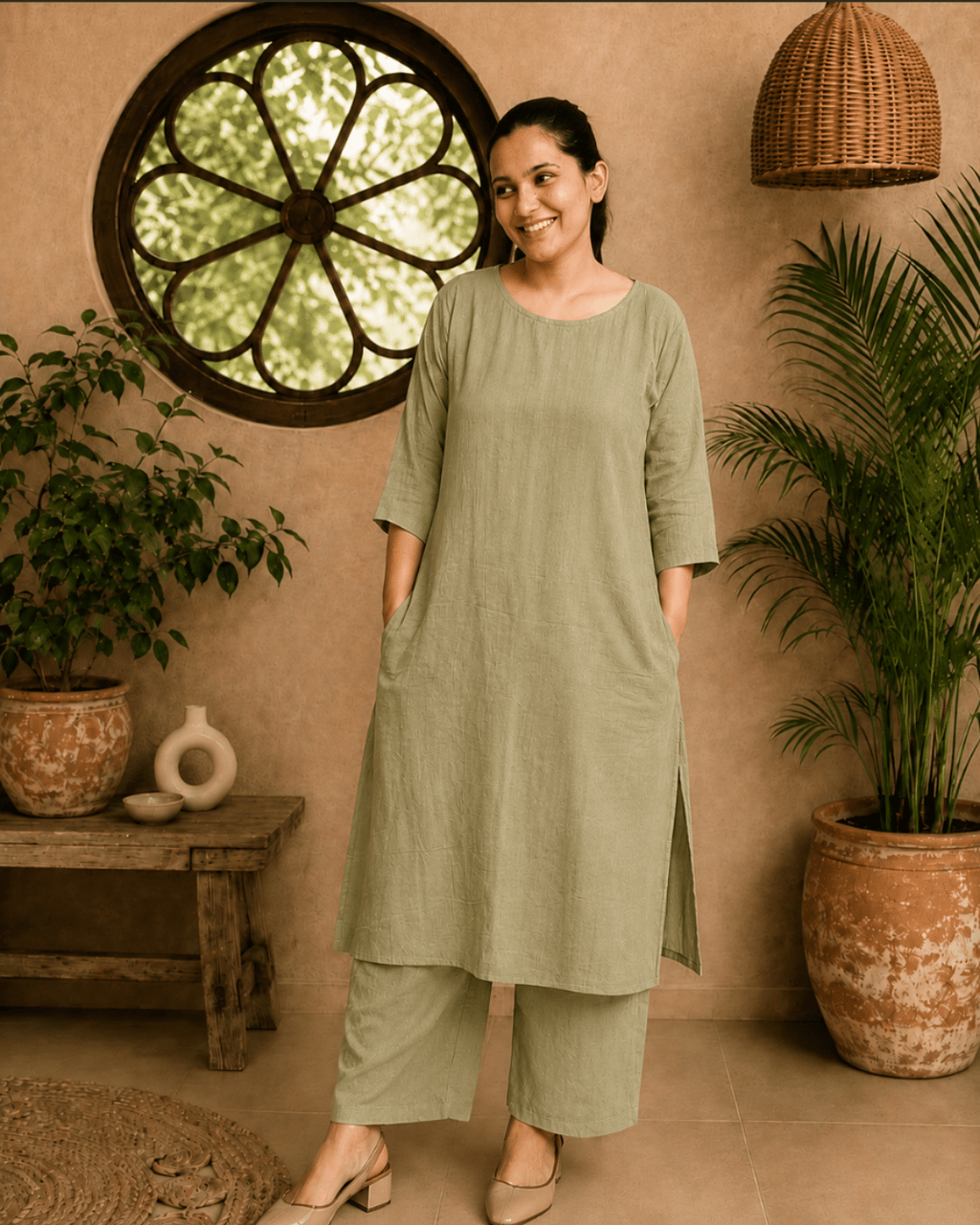 Luxury Muslin A-Line Long Kurta & Straight Pants Coord – Khadi Green