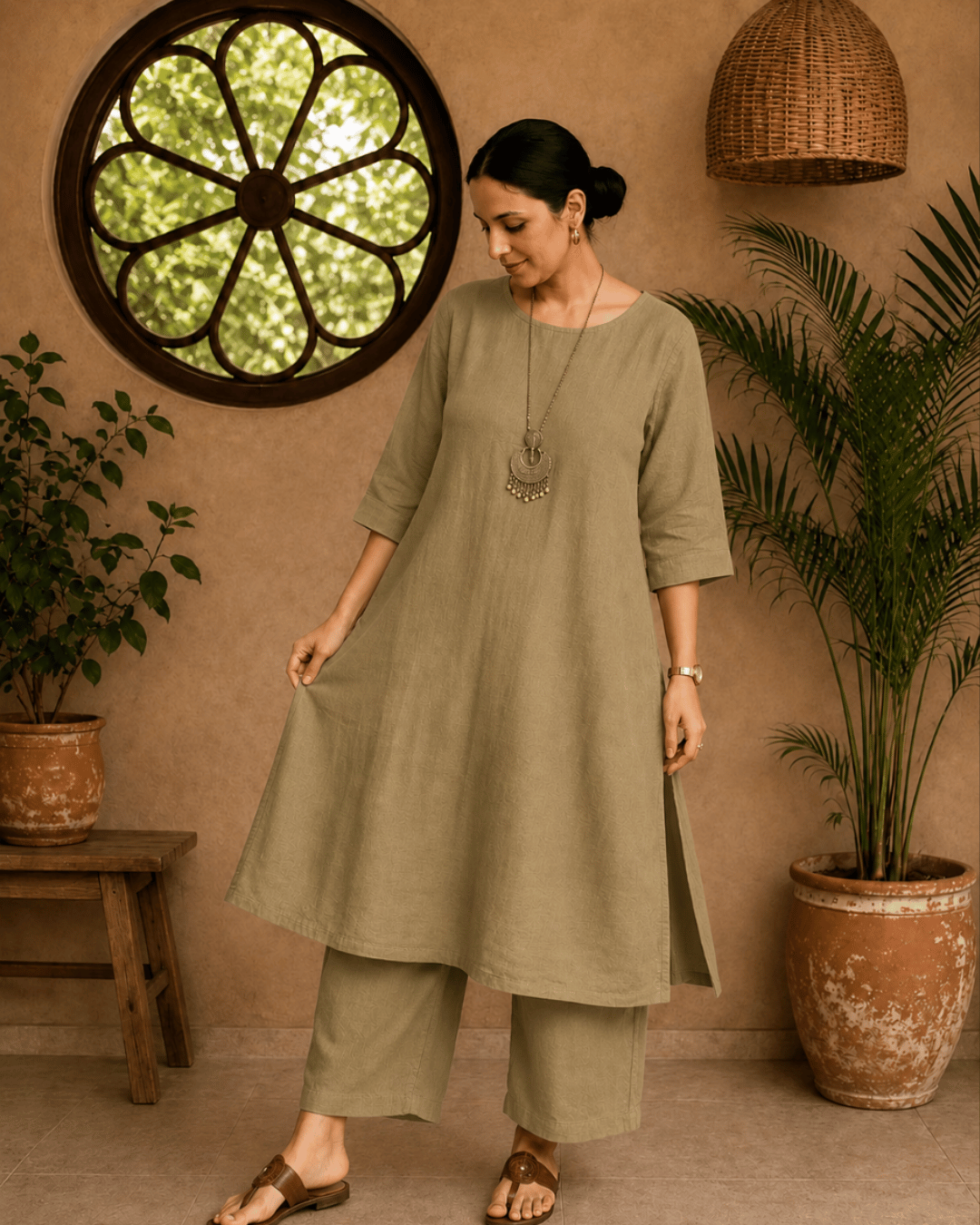 Luxury Muslin A-Line Long Kurta & Straight Pants Coord – Khadi Green