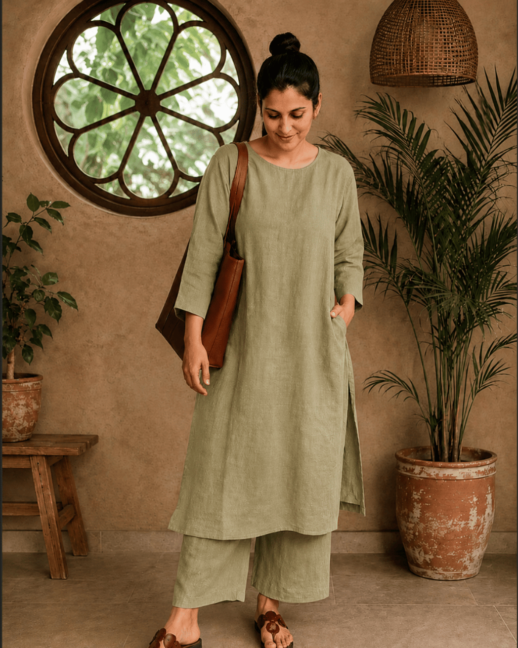 Luxury Muslin A-Line Long Kurta & Straight Pants Coord – Khadi Green