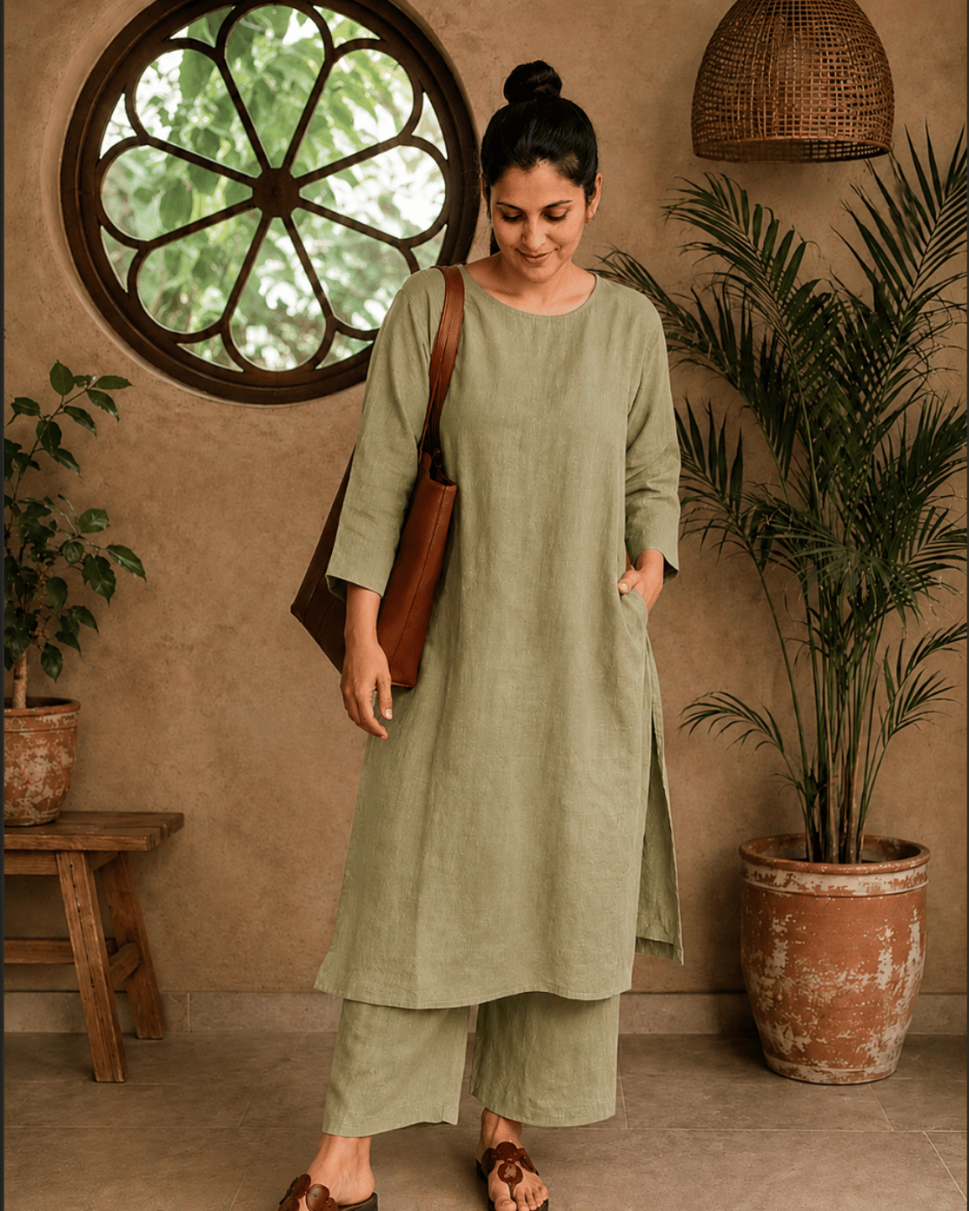 Luxury Muslin A-Line Long Kurta & Straight Pants Coord – Khadi Green