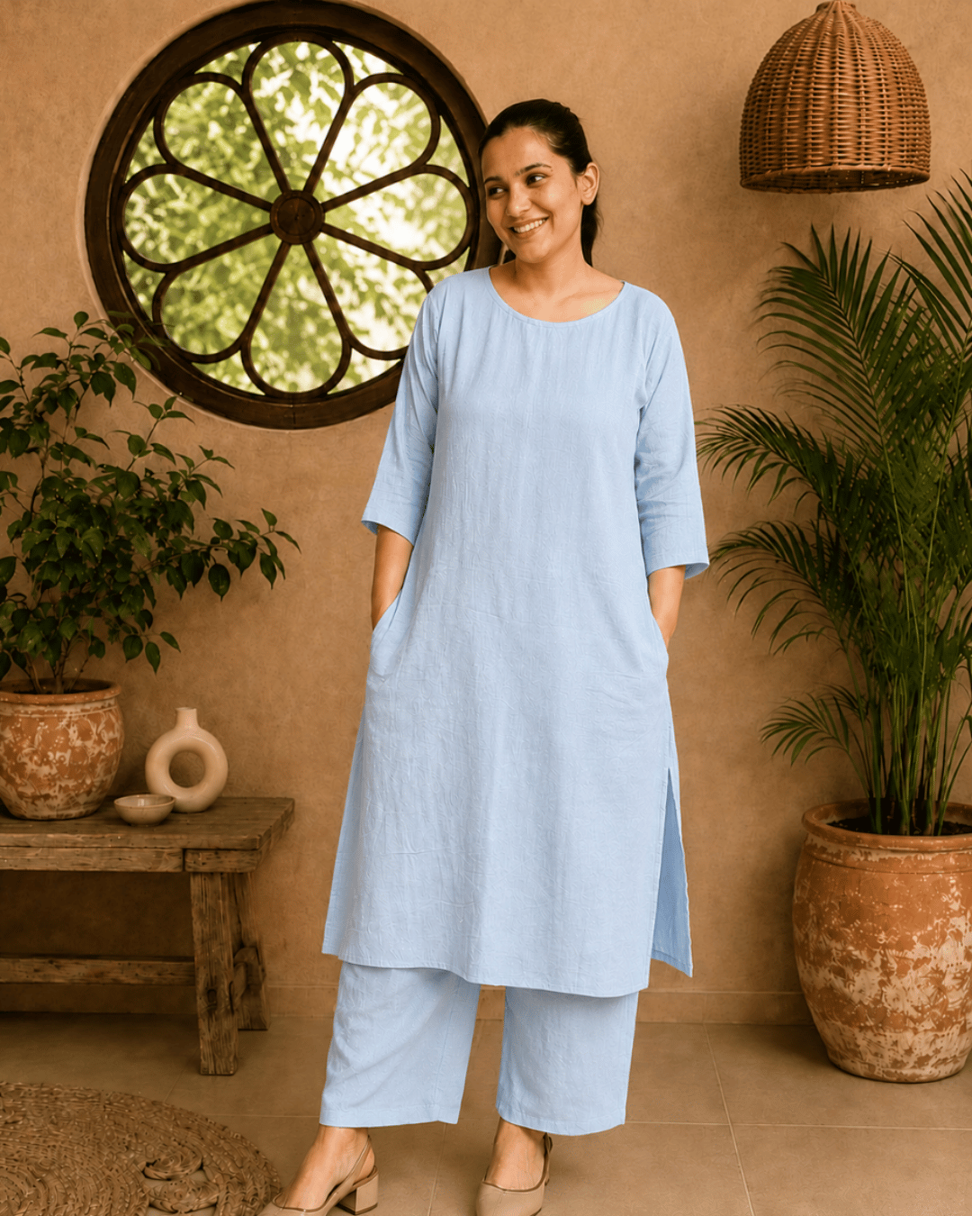 Luxury Muslin A-Line Long Kurta & Straight Pants Coord – Powder Blue