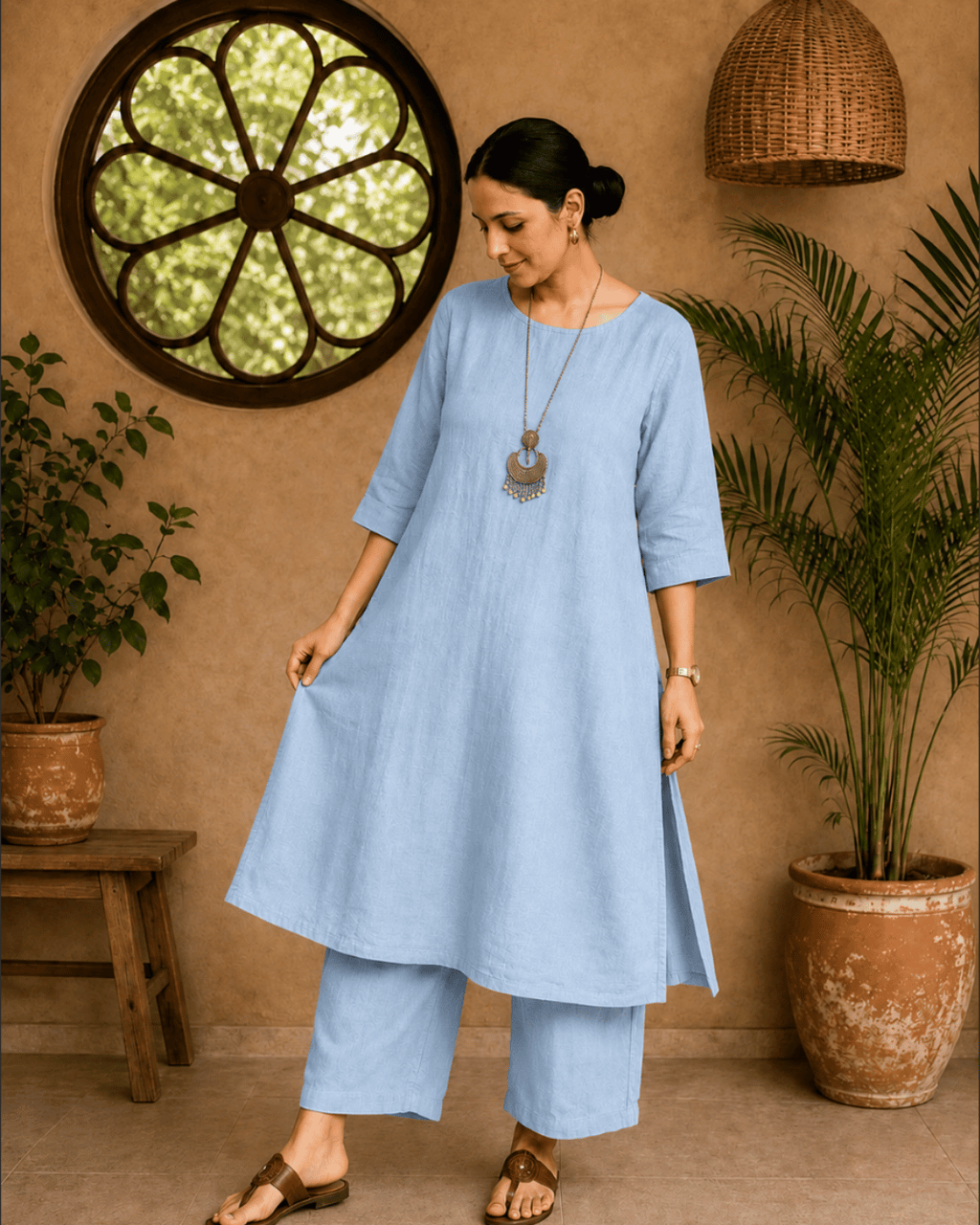 Luxury Muslin A-Line Long Kurta & Straight Pants Coord – Powder Blue