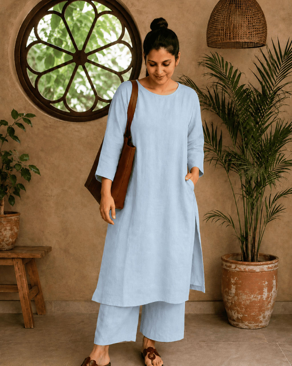 Luxury Muslin A-Line Long Kurta & Straight Pants Coord – Powder Blue