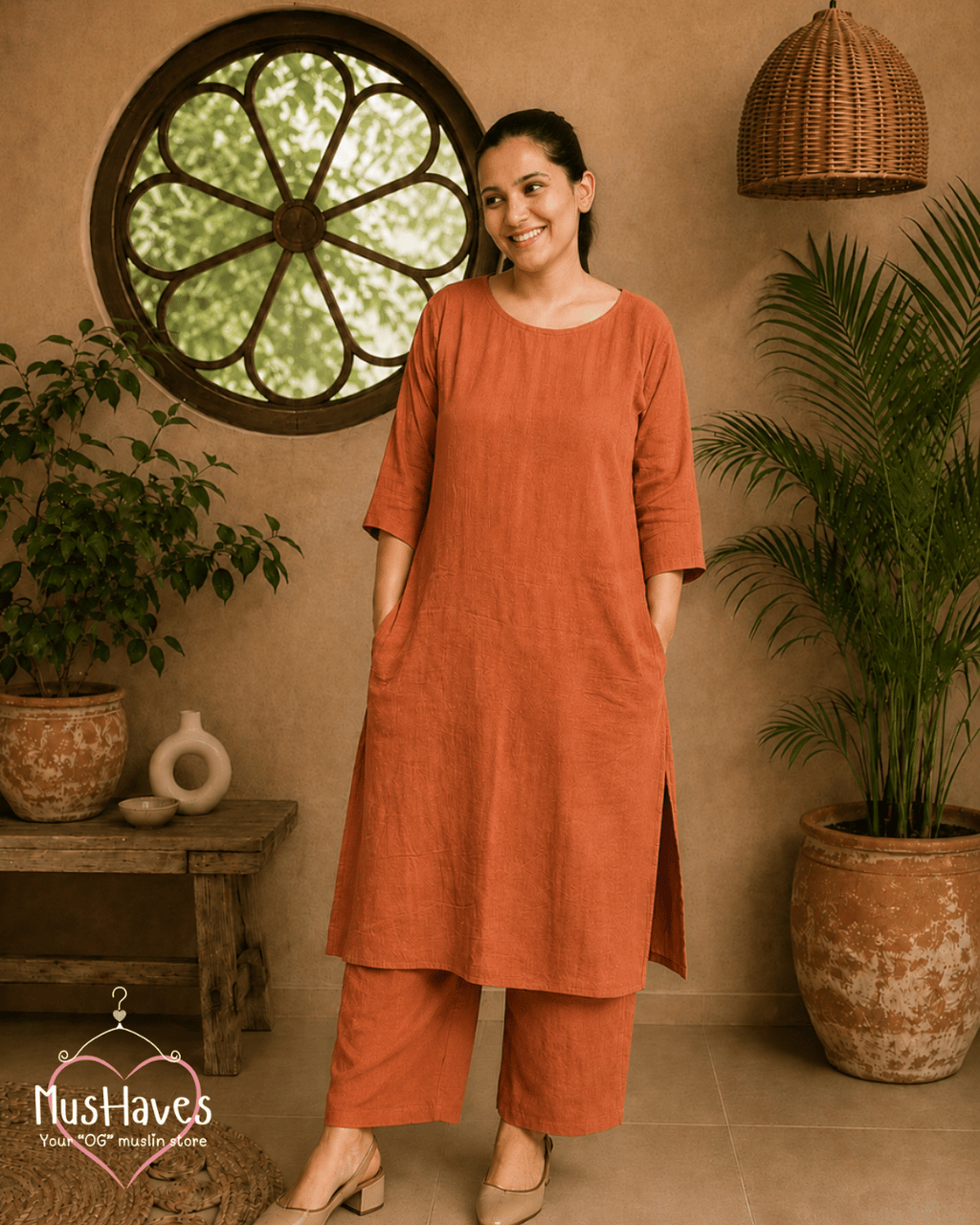 Luxury Muslin A-Line Long Kurta & Straight Pants Coord – Rust Terracotta