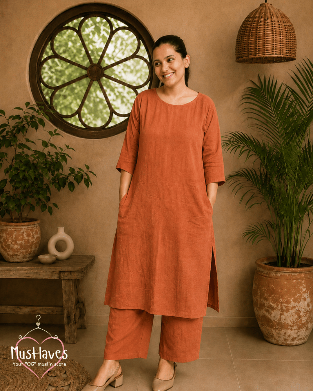 Luxury Muslin A-Line Long Kurta & Straight Pants Coord – Rust Terracotta