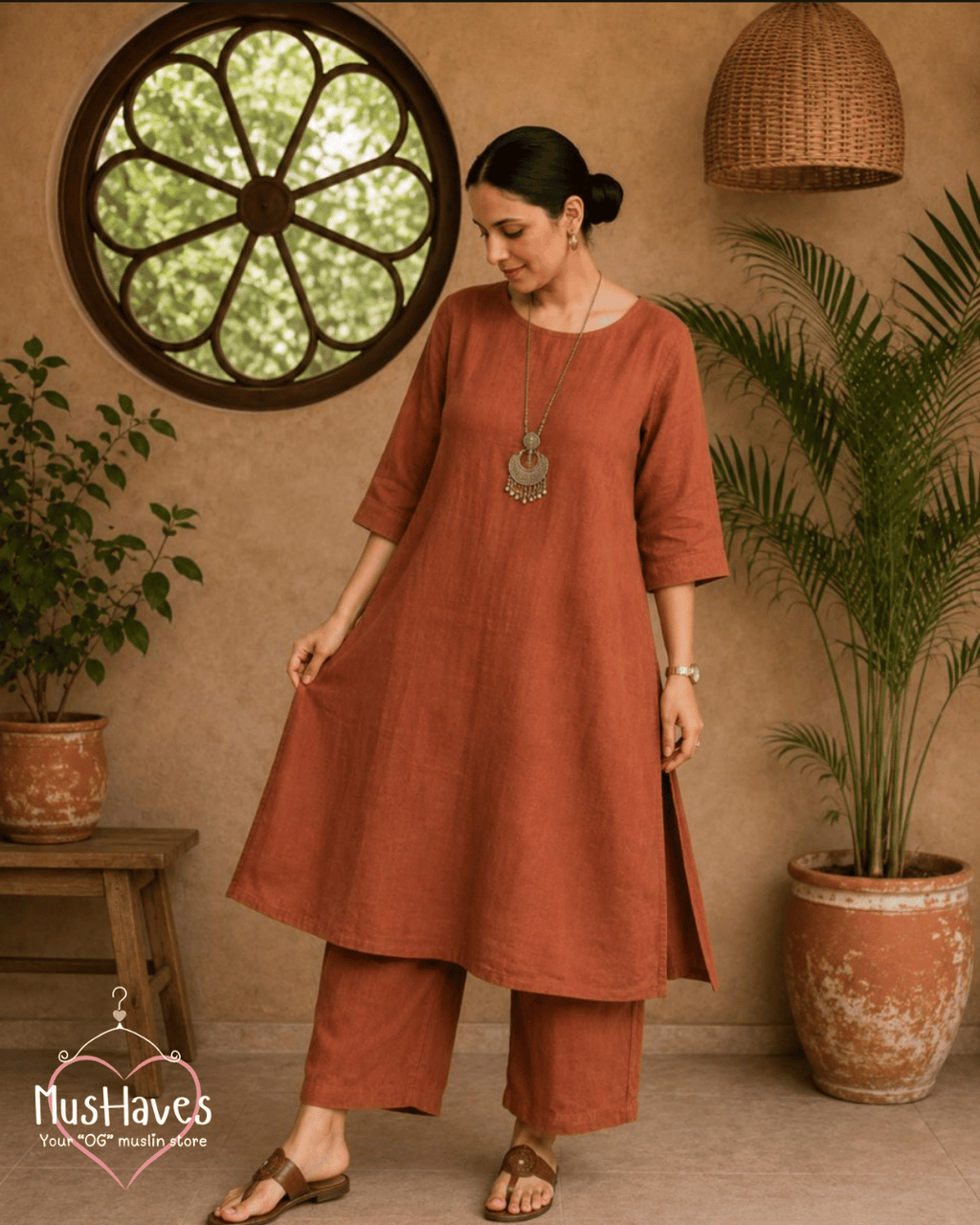 Luxury Muslin A-Line Long Kurta & Straight Pants Coord – Rust Terracotta