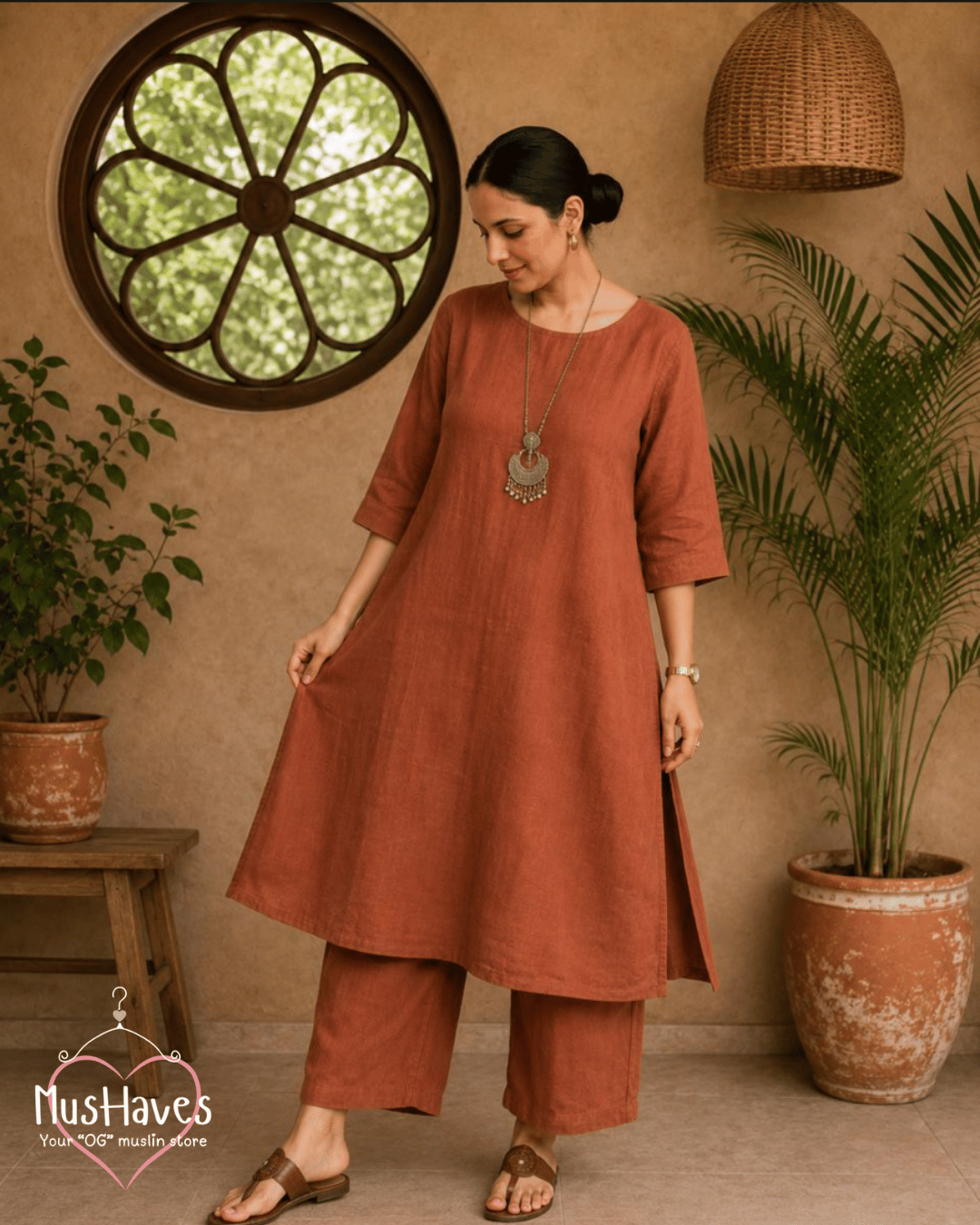 Luxury Muslin A-Line Long Kurta & Straight Pants Coord – Rust Terracotta