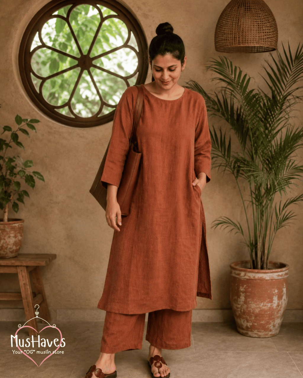 Luxury Muslin A-Line Long Kurta & Straight Pants Coord – Rust Terracotta
