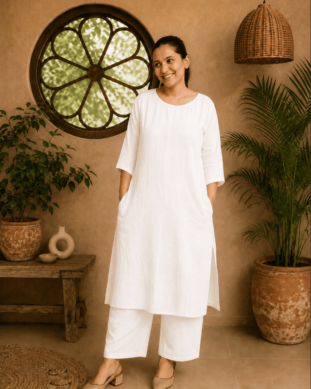 Luxury Muslin A-Line Long Kurta & Straight Pants Coord – Pearl White