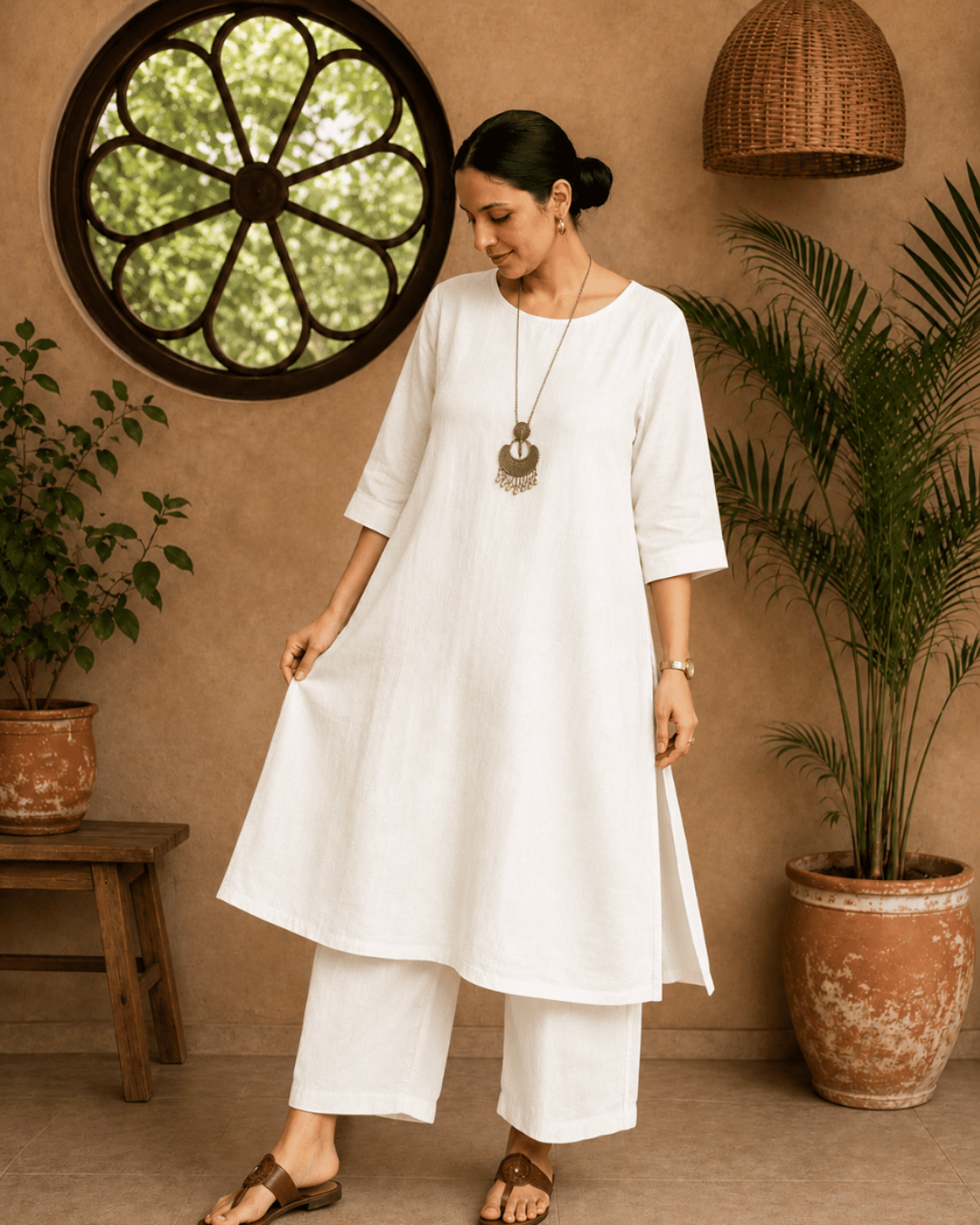 Luxury Muslin A-Line Long Kurta & Straight Pants Coord – Pearl White