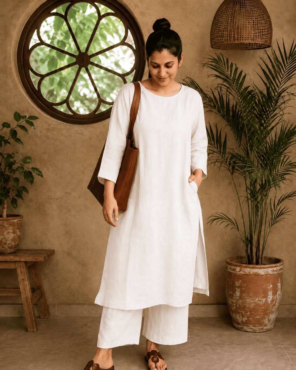 Luxury Muslin A-Line Long Kurta & Straight Pants Coord – Pearl White