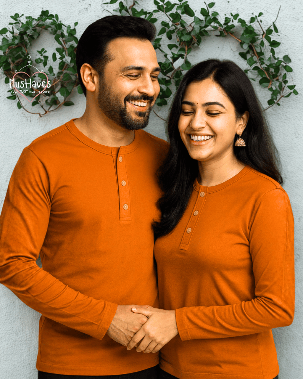 Premium Mulmul Muslin Henley Tee | 100% Organic Cotton | Unisex | Mushaves Classic | Rust Orange