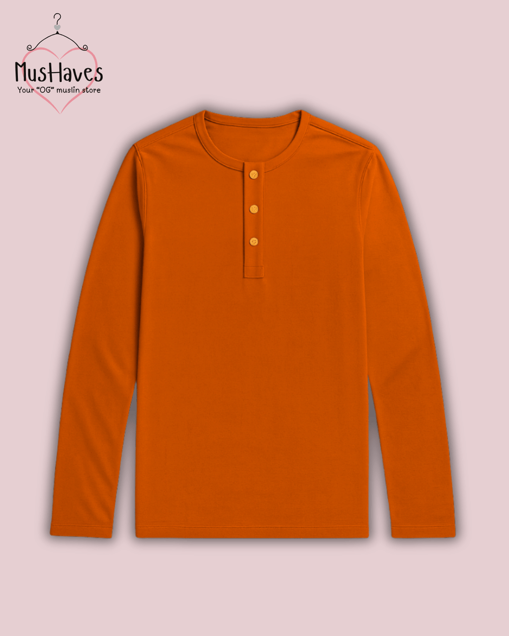 Premium Mulmul Muslin Henley Tee | 100% Organic Cotton | Unisex | Mushaves Classic | Rust Orange